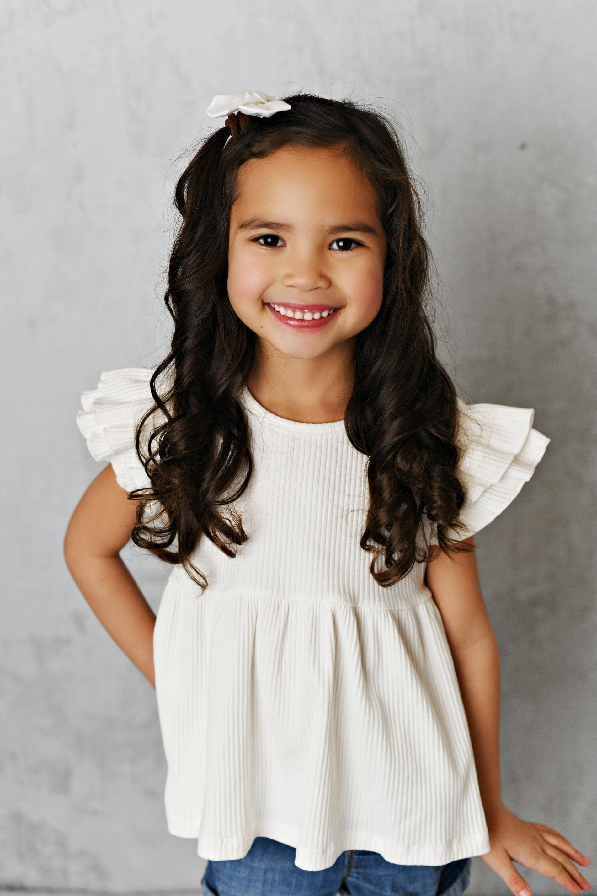 Kids White Double Ruffle Flutter Sleeve