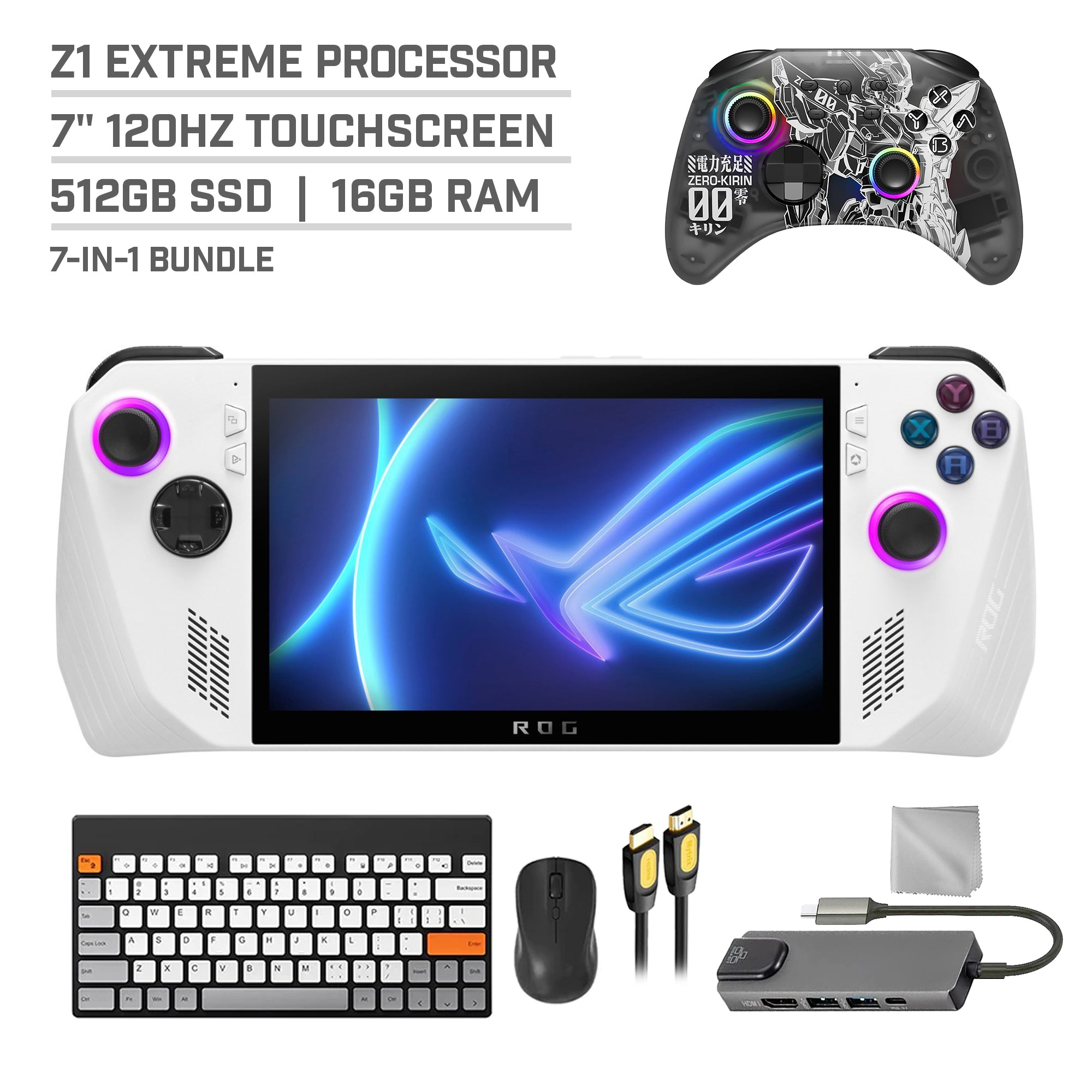 ASUS ROG Ally 512GB Gaming Handheld 7-inch Touchscreen 120Hz FHD 1080p AMD Ryzen Z1 Extreme Processor, Mytrix Zero-Kirin Wireless Pro Controller, Hub, Keyboard & Mouse Combo, 7 in 1 Bundle