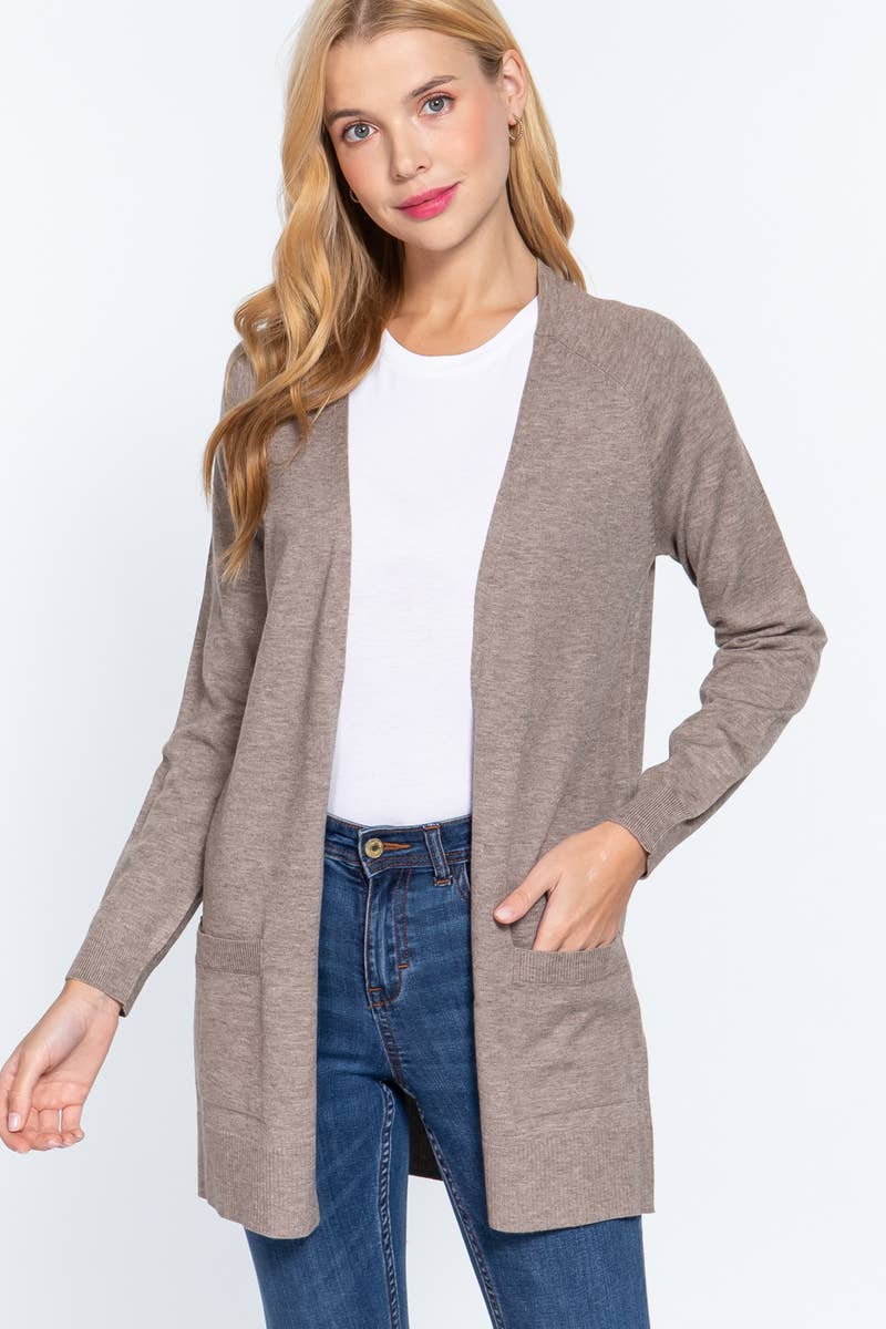 Heather Taupe Slim Fit Open Sweater Cardigan w/ pocket: