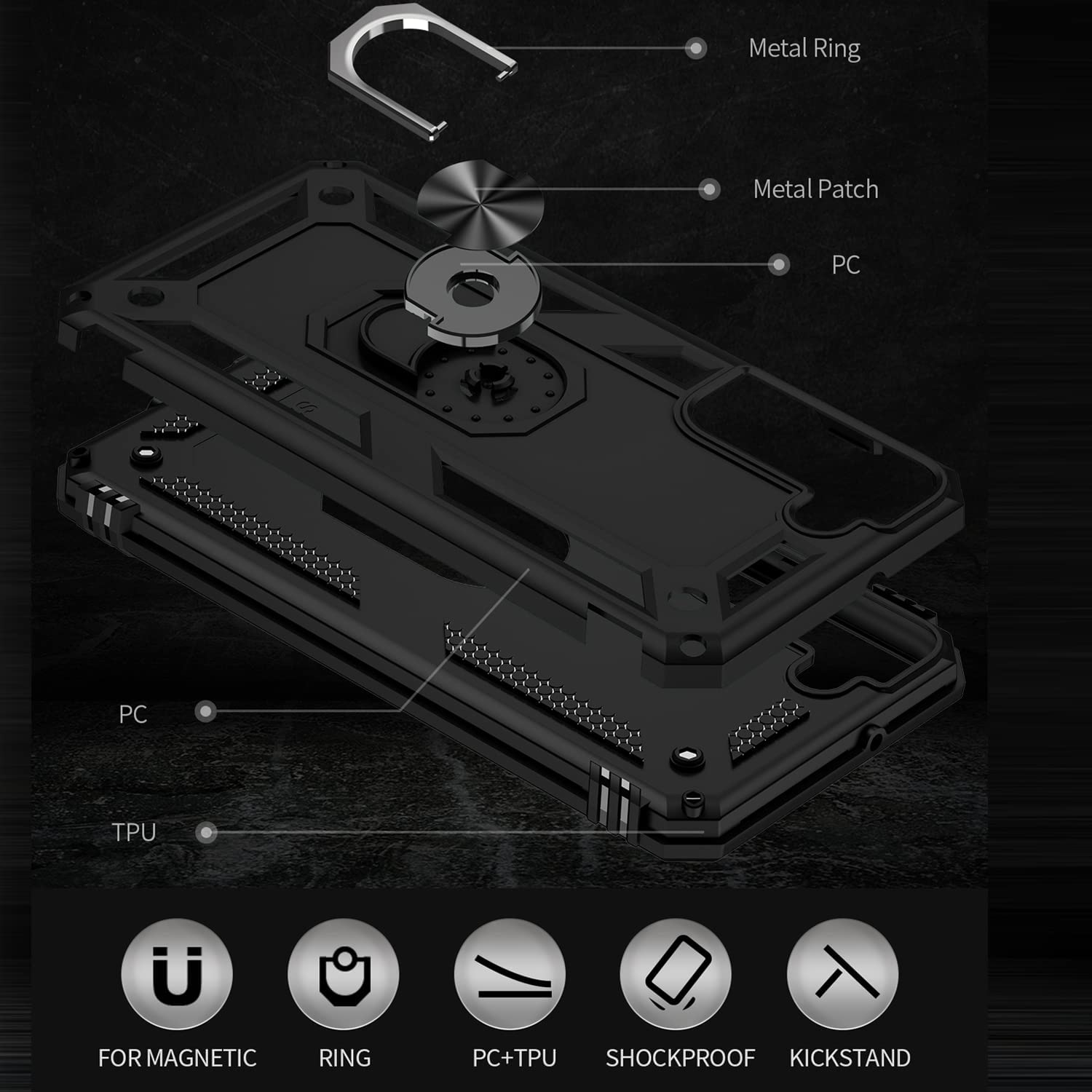 Hybrid Case Cover, Armor Shockproof Kickstand Metal Ring - NWZ03