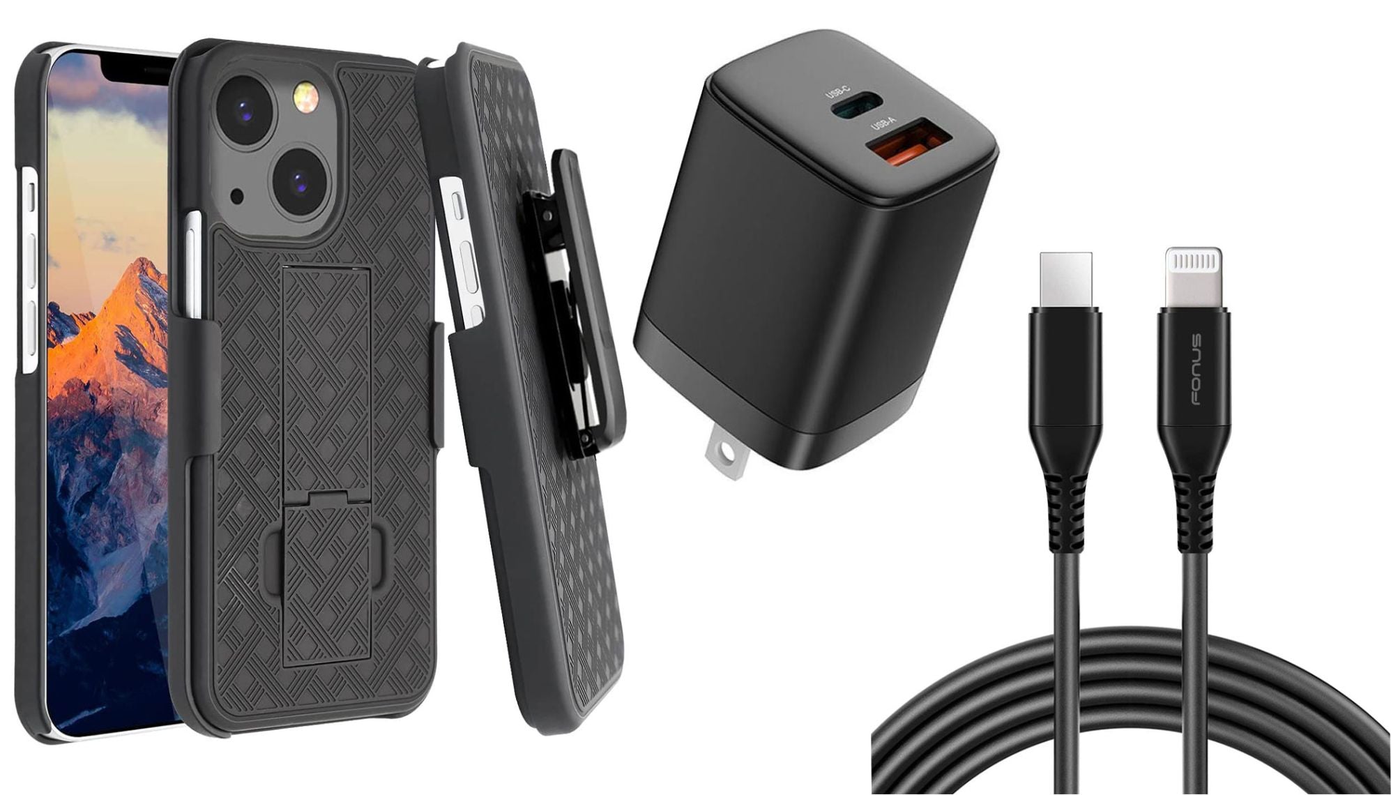 Belt Clip Case and Fast Home Charger Combo, 2-Port Quick Charge Kickstand Cover 6ft Long USB-C Cable PD Type-C Power Adapter Swivel Holster - NWA49+G96