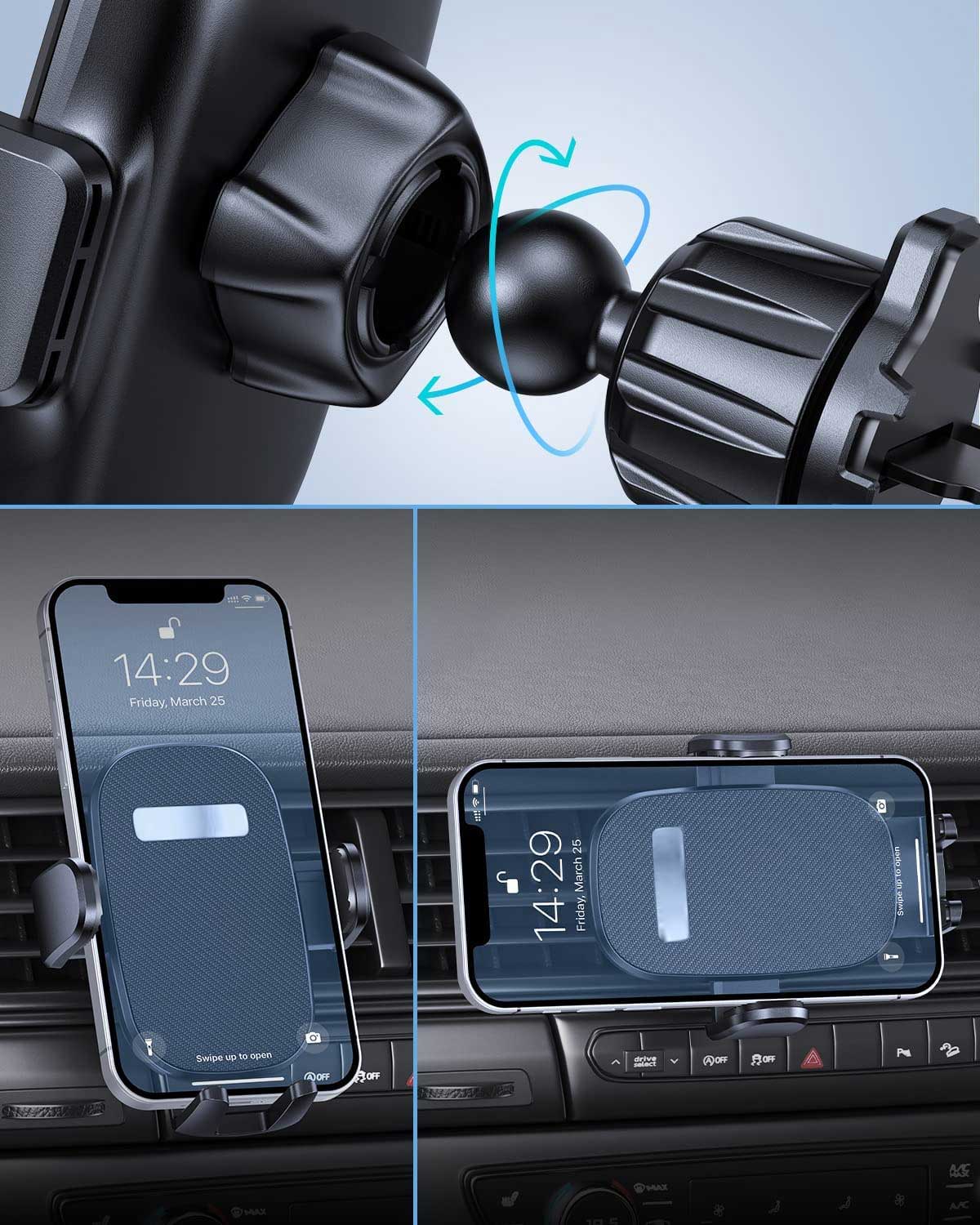 Car Mount, Strong Grip Cradle Swivel Phone Holder Air Vent - NWY98