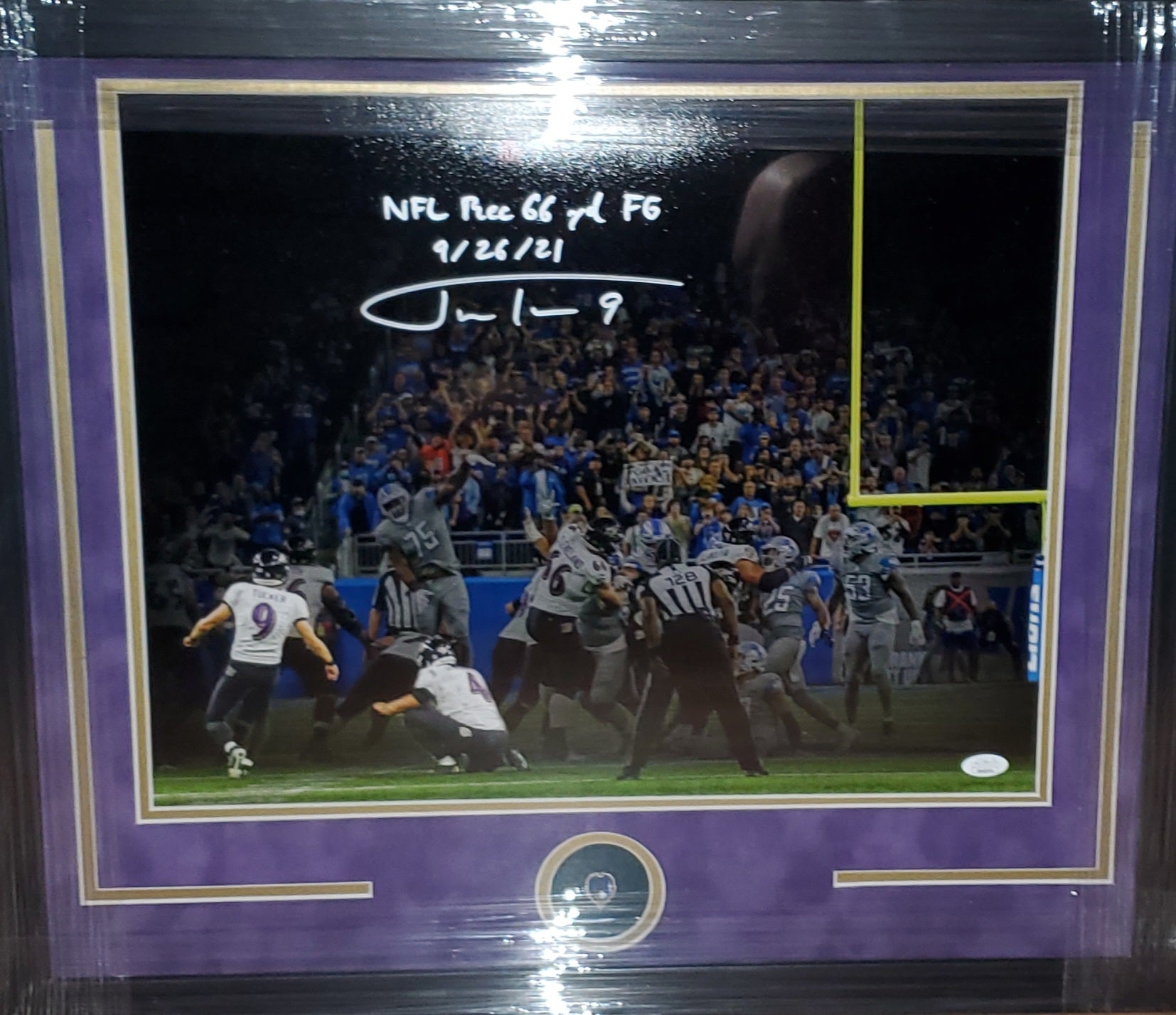 Baltimore Ravens Framed Justin Tucker Autographed 16x20 with FG Record Inscription & Purple Suede (JSA)