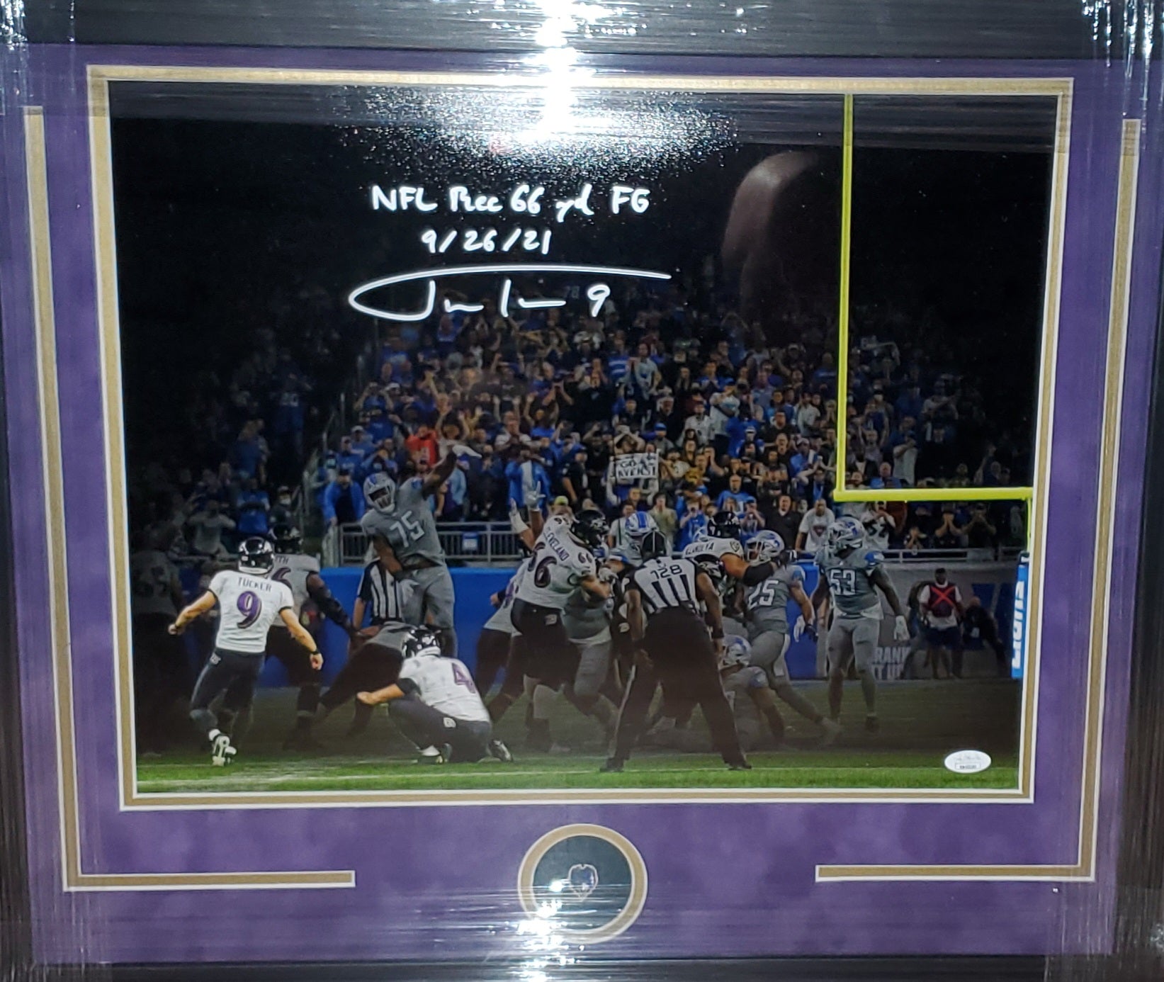 Baltimore Ravens Framed Justin Tucker Autographed 16x20 with FG Record Inscription & Purple Suede (JSA)