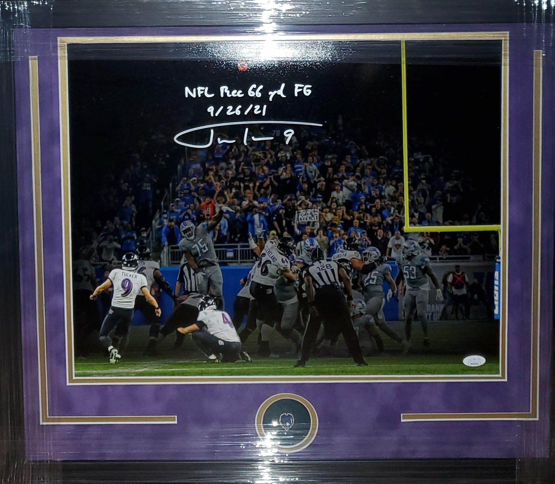 Baltimore Ravens Framed Justin Tucker Autographed 16x20 with FG Record Inscription & Purple Suede (JSA)