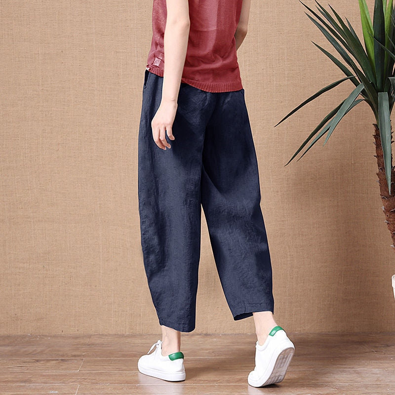 Loose Yoga Pants -Women Cotton Linen Pants Elastic Waist Vintage Trousers