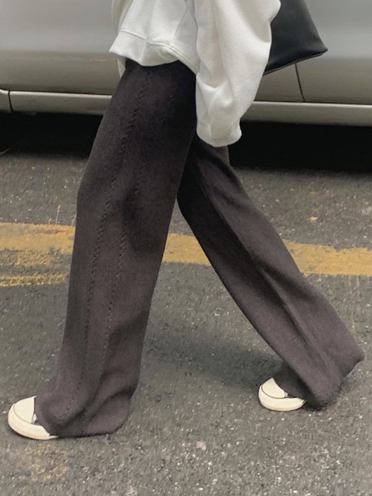 Women Pants Yoga Loose Knitted Wide Leg Pants- High Waist Soft Waxy Comfortable Fashion Straight Trousers