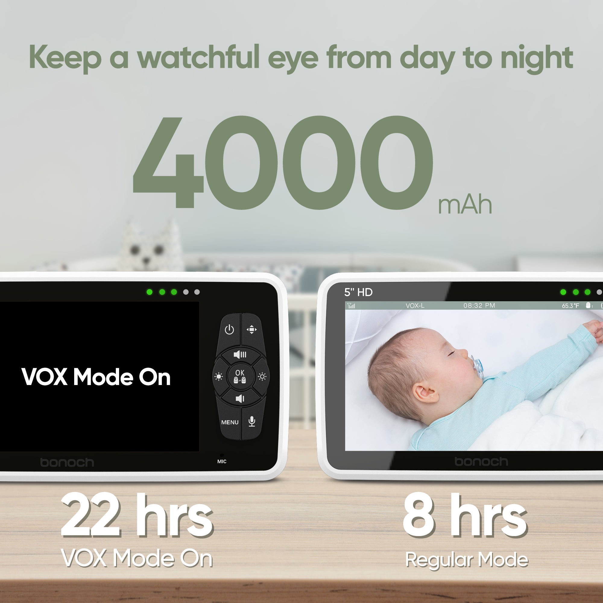 bonoch baby monitor voice-activated alert saves power to 22hrs
