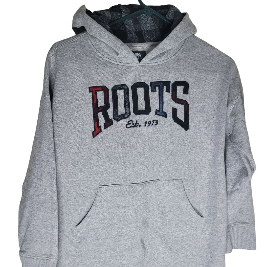 Roots Kids Hoodie Plaid Letters Gray Childs Youth Large 9 10 Long Sweatshirt