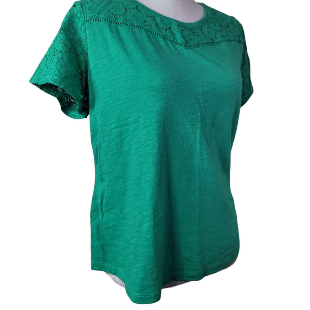 Liz Claiborne Lace Shoulder Tee Shirt Womens PL Petite Large Green Irish Short Clothing