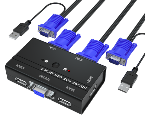 2 Port VGA KVM Switch, Yinker Desktop USB VGA KVM Console w/ 2 KVM Cables & 3 USB Hubs Support wireless keyboard & Mouse and USB devices