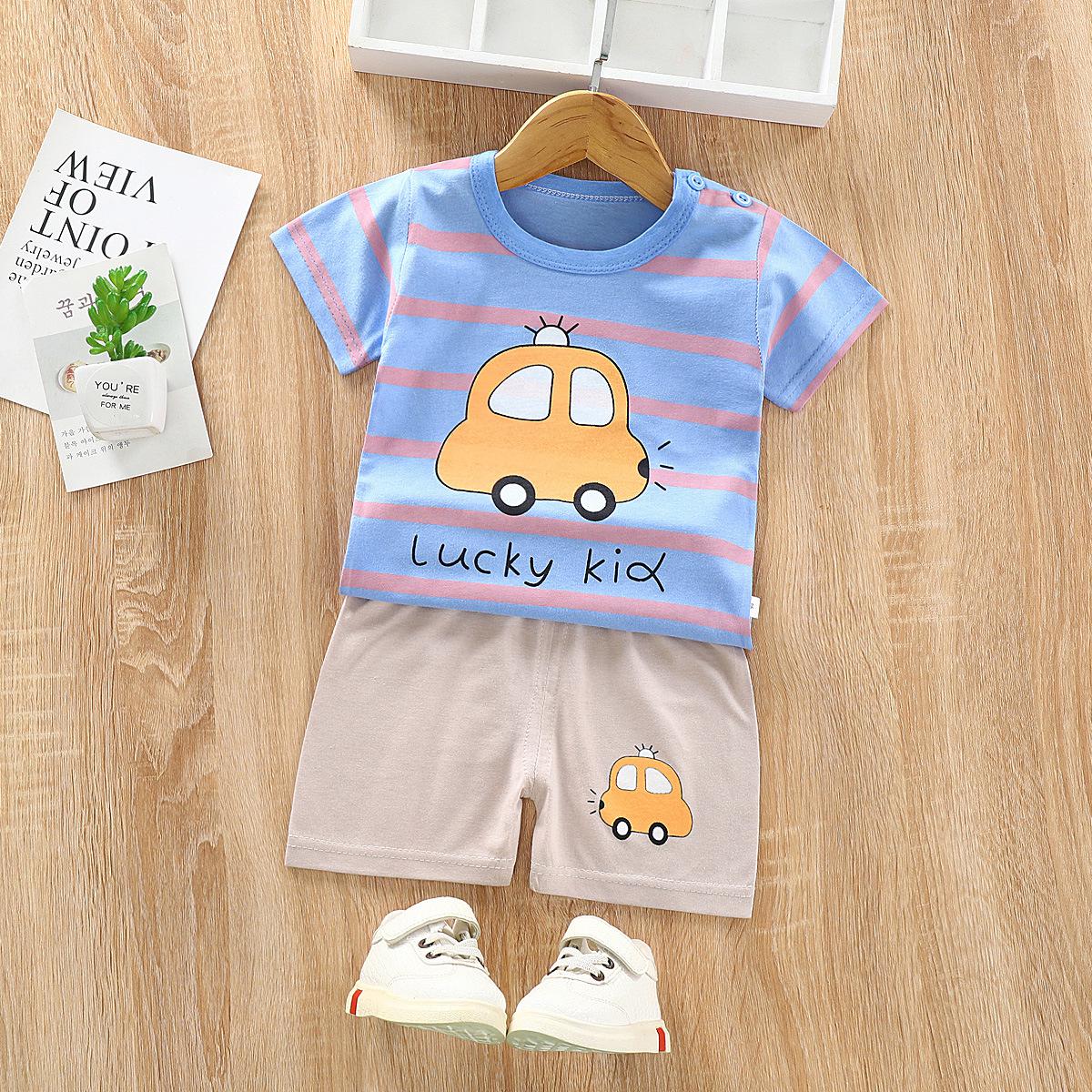 2121 Summer Cool Boy Clothes Striped Car T-shirt Trouser Suit  Kids Clothes Baby Child Short Sleeve Clothing Outfit Toddler