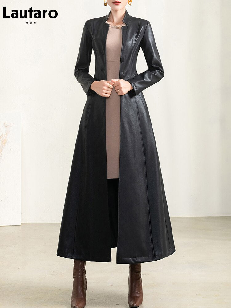 Long Black Soft Waterproof Faux Leather Coat Women