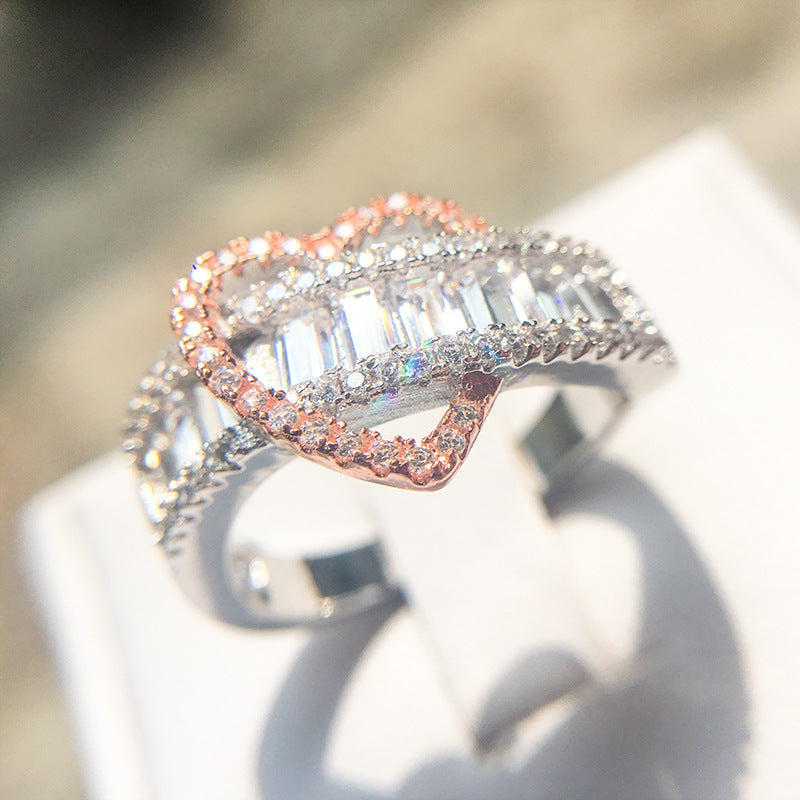Two-color ring delicate love simulation diamond heart-shaped female ring