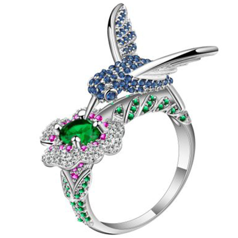Inlaid Colorful Zircon Bird Flower Wedding Ring
