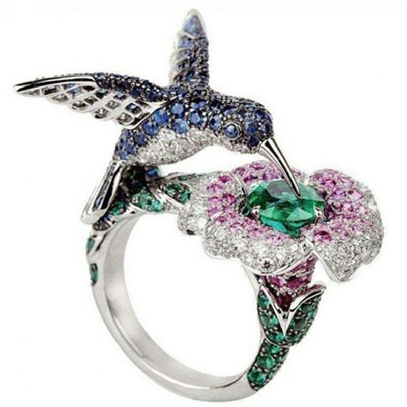 Inlaid Colorful Zircon Bird Flower Wedding Ring