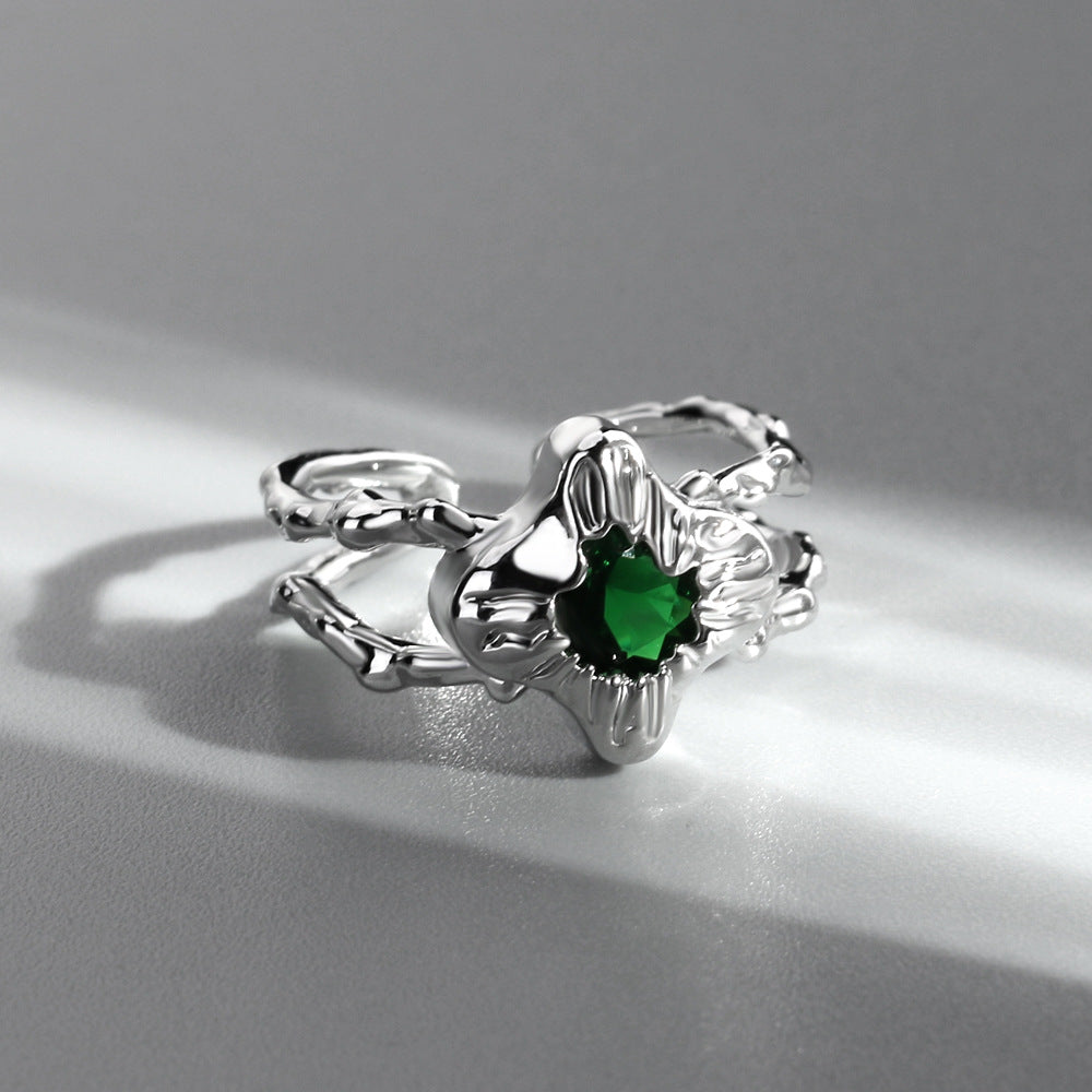 Green Zircon Inlaid Irregular Luxury Ins Ring