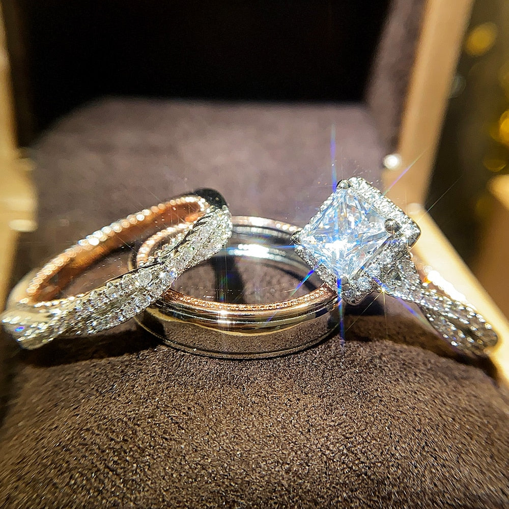 Handify Luxury Princess Cut Cubic Zircon Bridal Marriage Set Rings Elegant Accessories Brilliant Women Men Wedding Trendy Jewelry