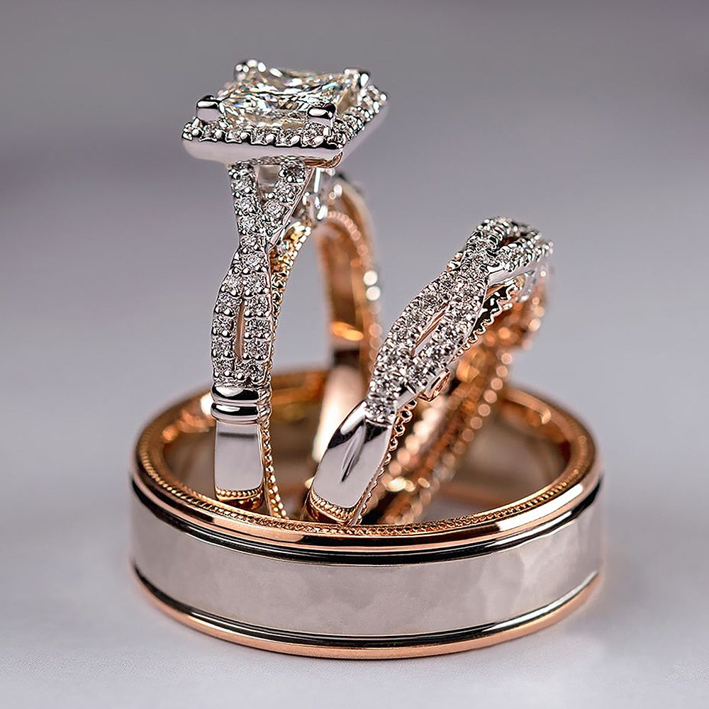Handify Luxury Princess Cut Cubic Zircon Bridal Marriage Set Rings Elegant Accessories Brilliant Women Men Wedding Trendy Jewelry