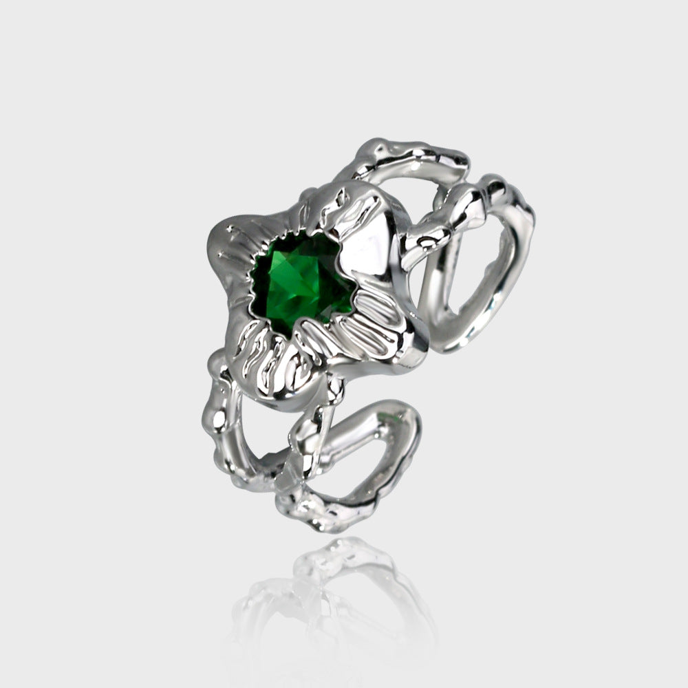 Green Zircon Inlaid Irregular Luxury Ins Ring