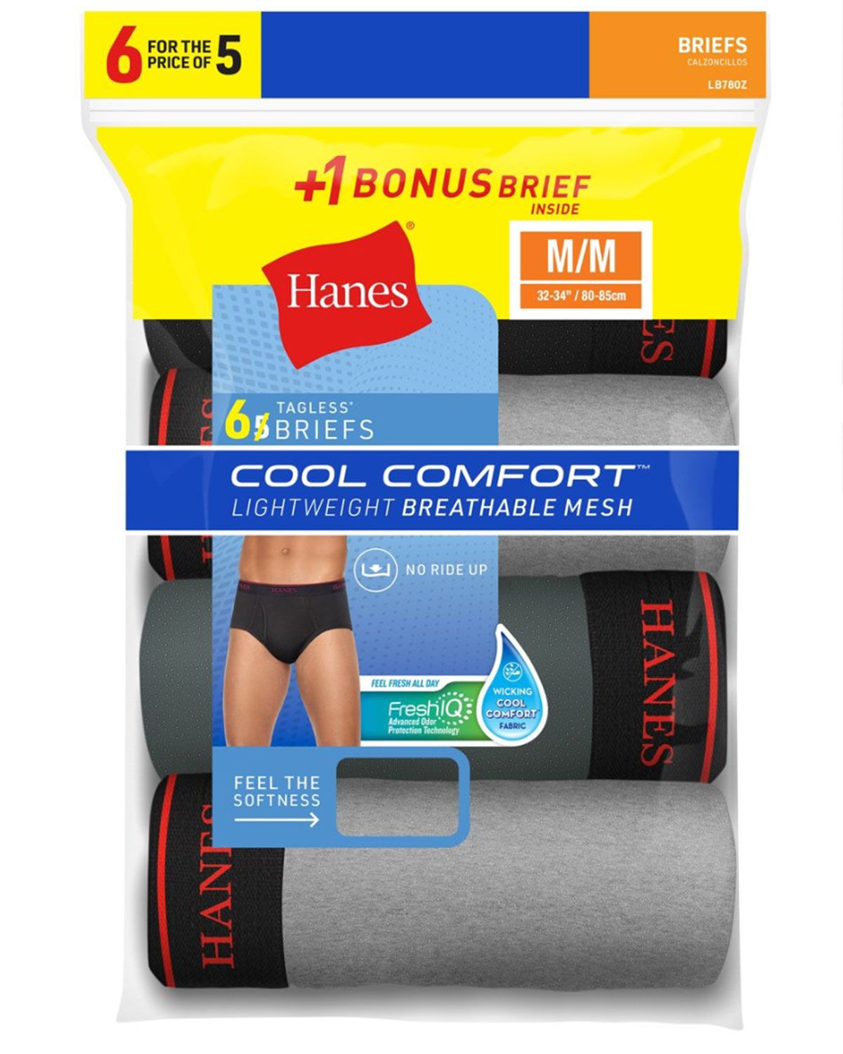 Hanes Mens FreshIQ Cool Comfort Breathable Mesh Sport Brief 6-Pack (5 + 1 Free Bonus Pack)-LB780Z