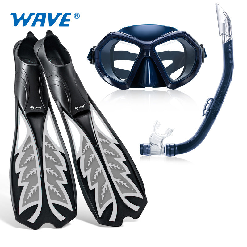 Wave HD Adjustable Mask Free Diving Snorkel Combo Flippers Set Silver Blue