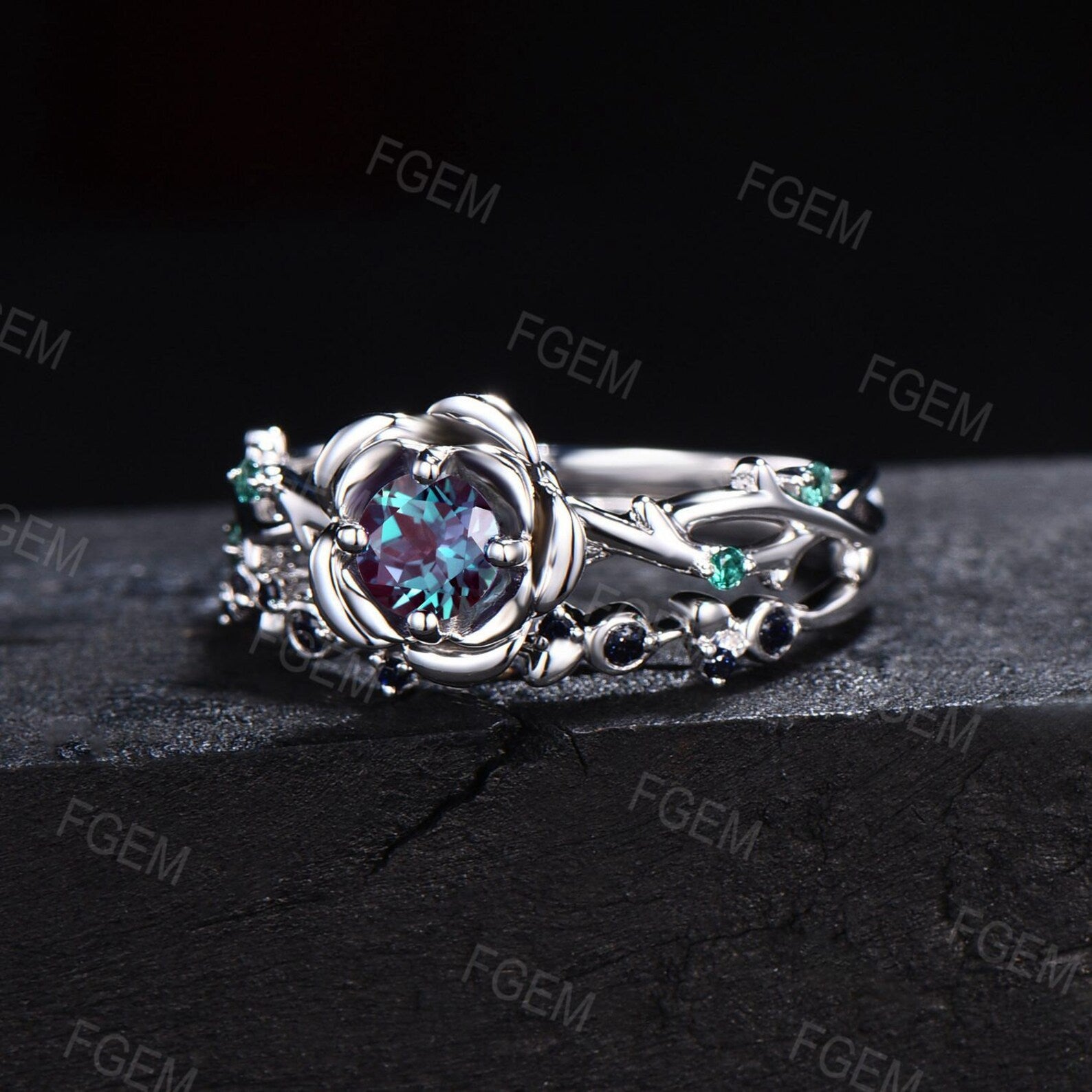 Rose Flower Color-Change Alexandrite Engagement Bridal Set Cluster Green Emerald Ring Twig Vine Floral Blue Sandstone Platinum Promise Ring