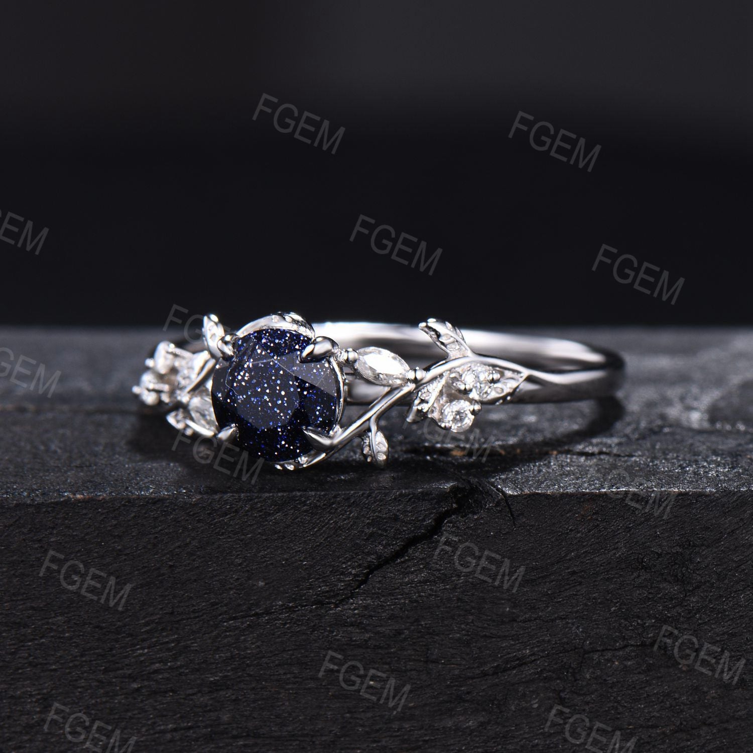 1ct Nature Inspired Round Cut Blue Sandstone Engagement Ring Cluster Moissanire Diamond Ring Blue Goldstone Promise Ring Anniversary Gift Women