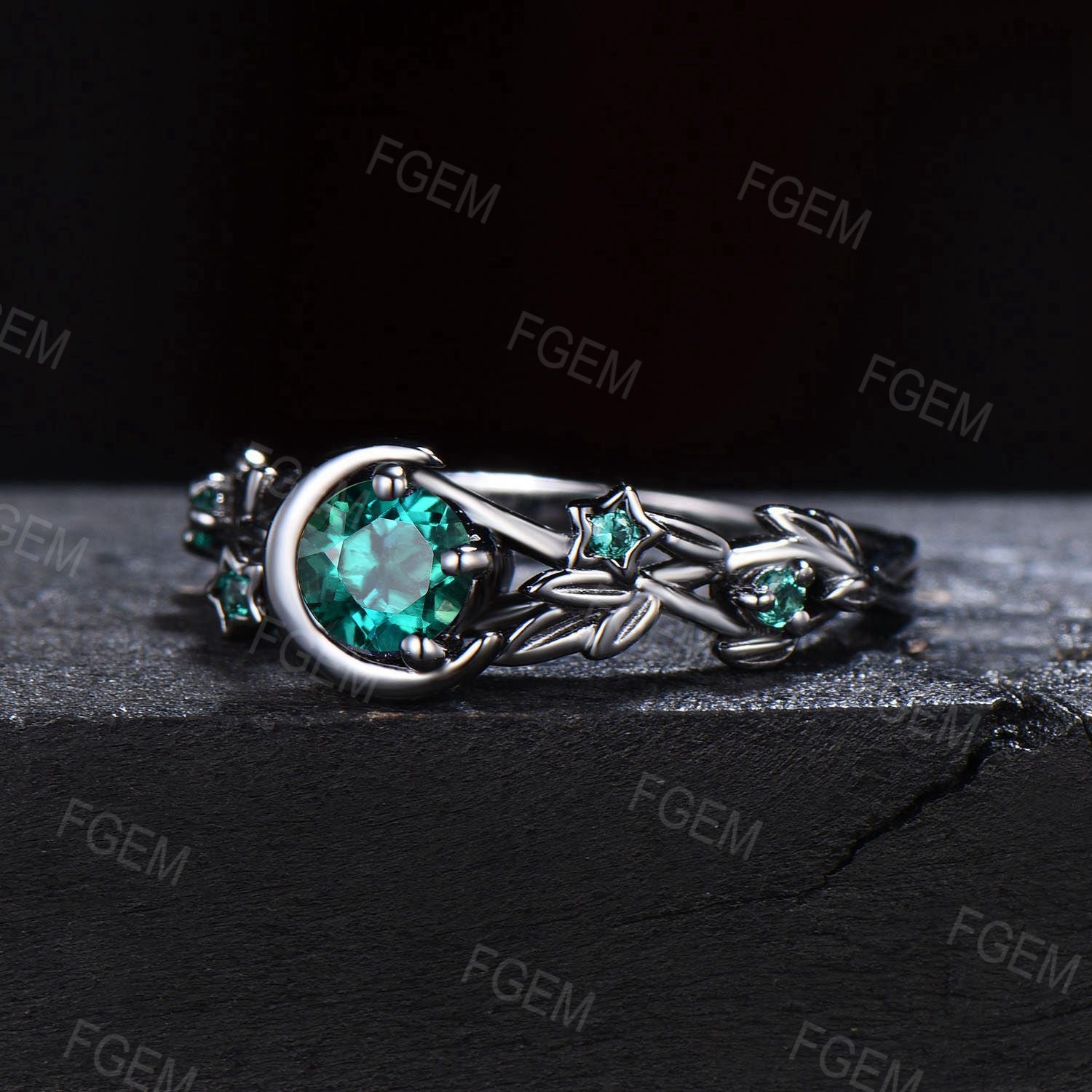 Crescent Moon Black Gold Ring Round Emerald Engagement Ring Nature Style Twig Leaf Emerald Wedding Ring May Birthstone Jewelry Promise Gifts