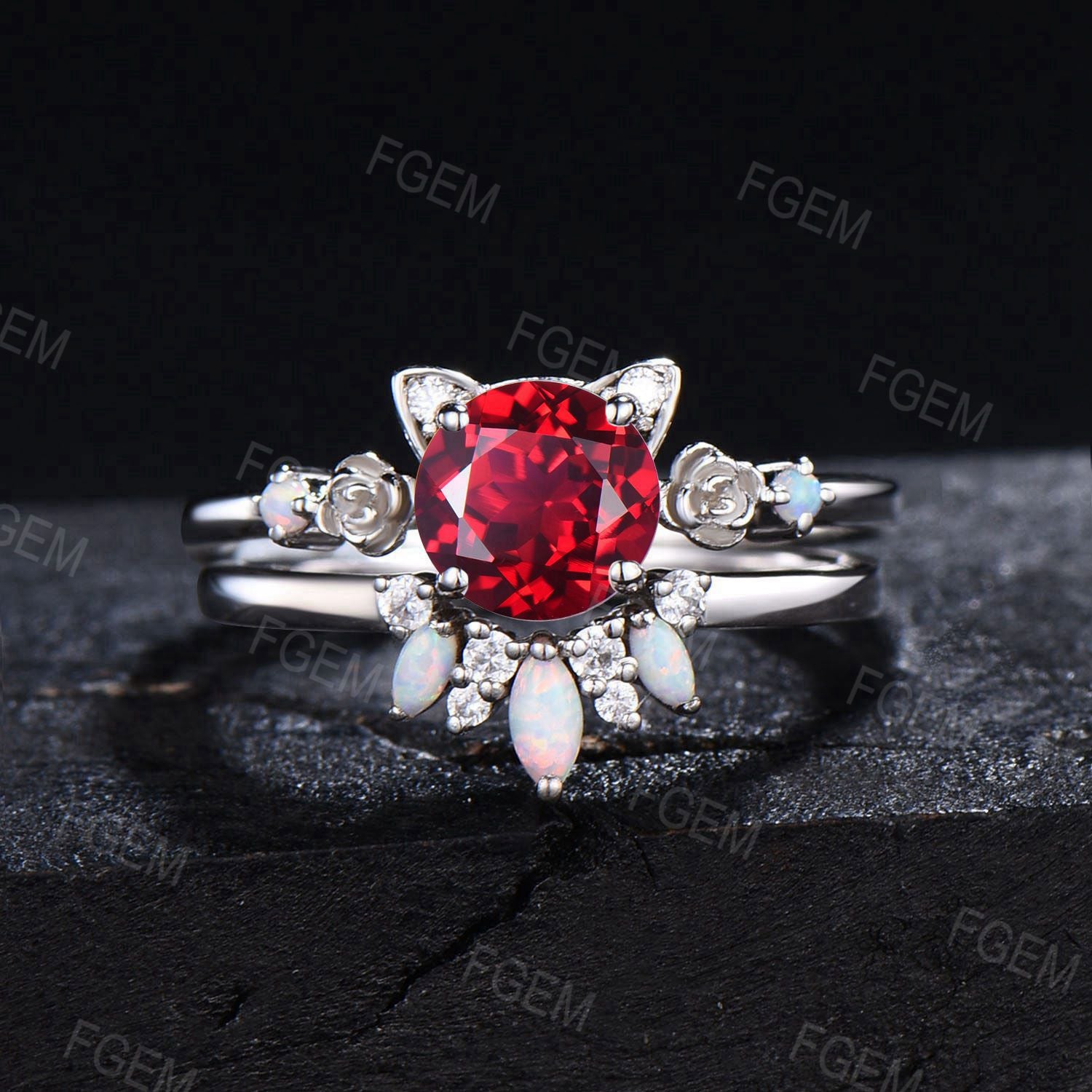 Cat Round Ruby Engagement Ring Set Floral 6.5mm Red Gemstone Bridal Set Gold Kitten Opal Bridal Set July Birthstone Ring Gift for Cat Lovers