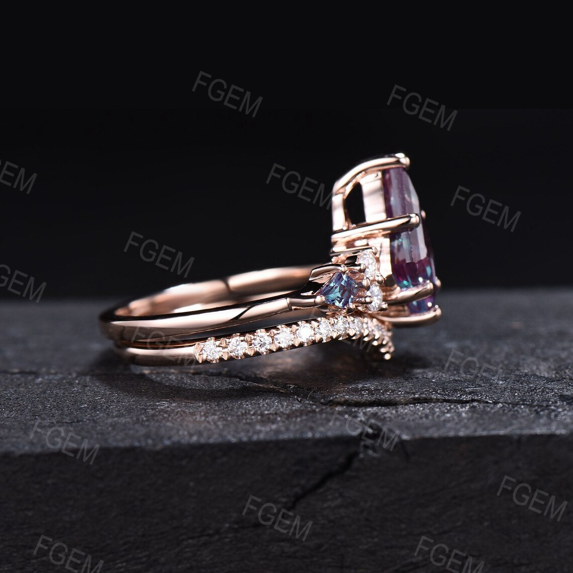 Unique June Birthstone Wedding Ring Set Vintage 10K/14K/18K Rose Gold Kite Alexandrite Moissanite Bridal Ring Set Anniversary Promise Gifts