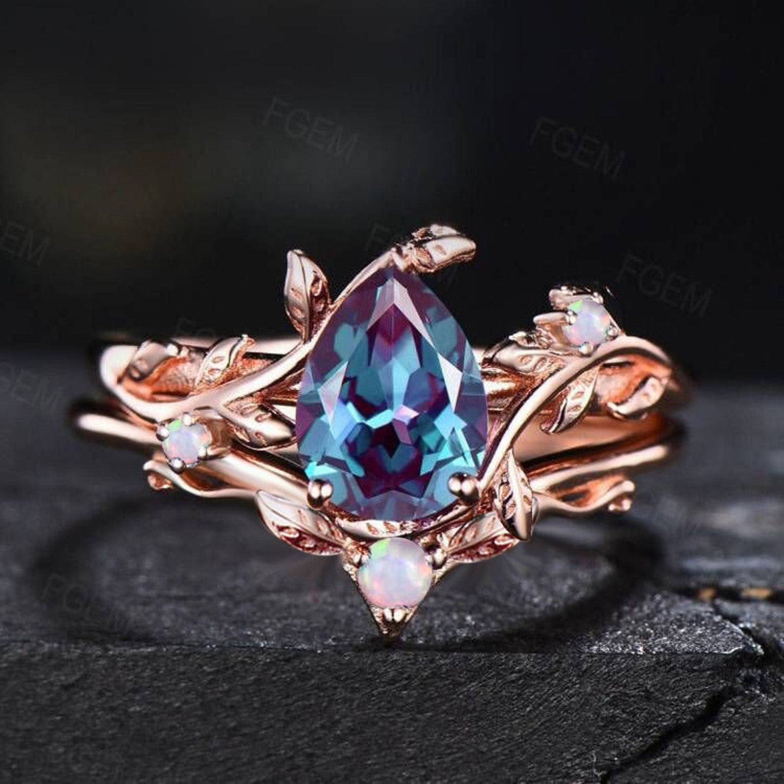 Pear Shaped Alexandrite Ring Set Nature Inspired Engagement Ring Leaf Vine Ring Set Unique Branch Solitaire Ring Wedding Anniversary Gifts