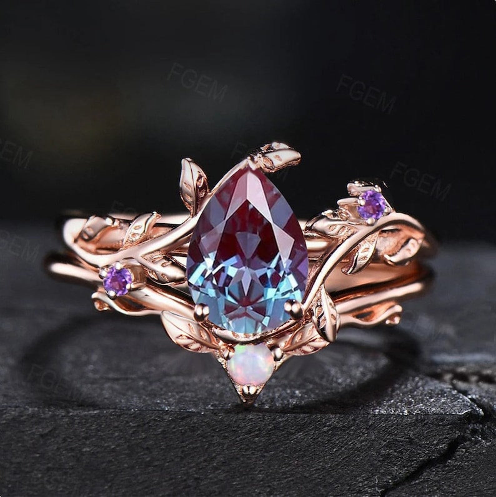 Pear Shaped Alexandrite Ring Set Nature Inspired Engagement Ring Leaf Vine Ring Set Unique Branch Solitaire Ring Wedding Anniversary Gifts