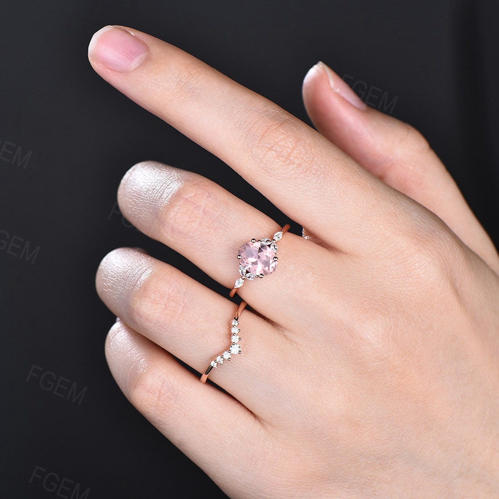 Pear Shaped Morganite Engagement Ring Set Rose Gold Art Deco Marquise CZ Diamond Ring Pink Morganite Ring For Women Unique Bridal Ring Set