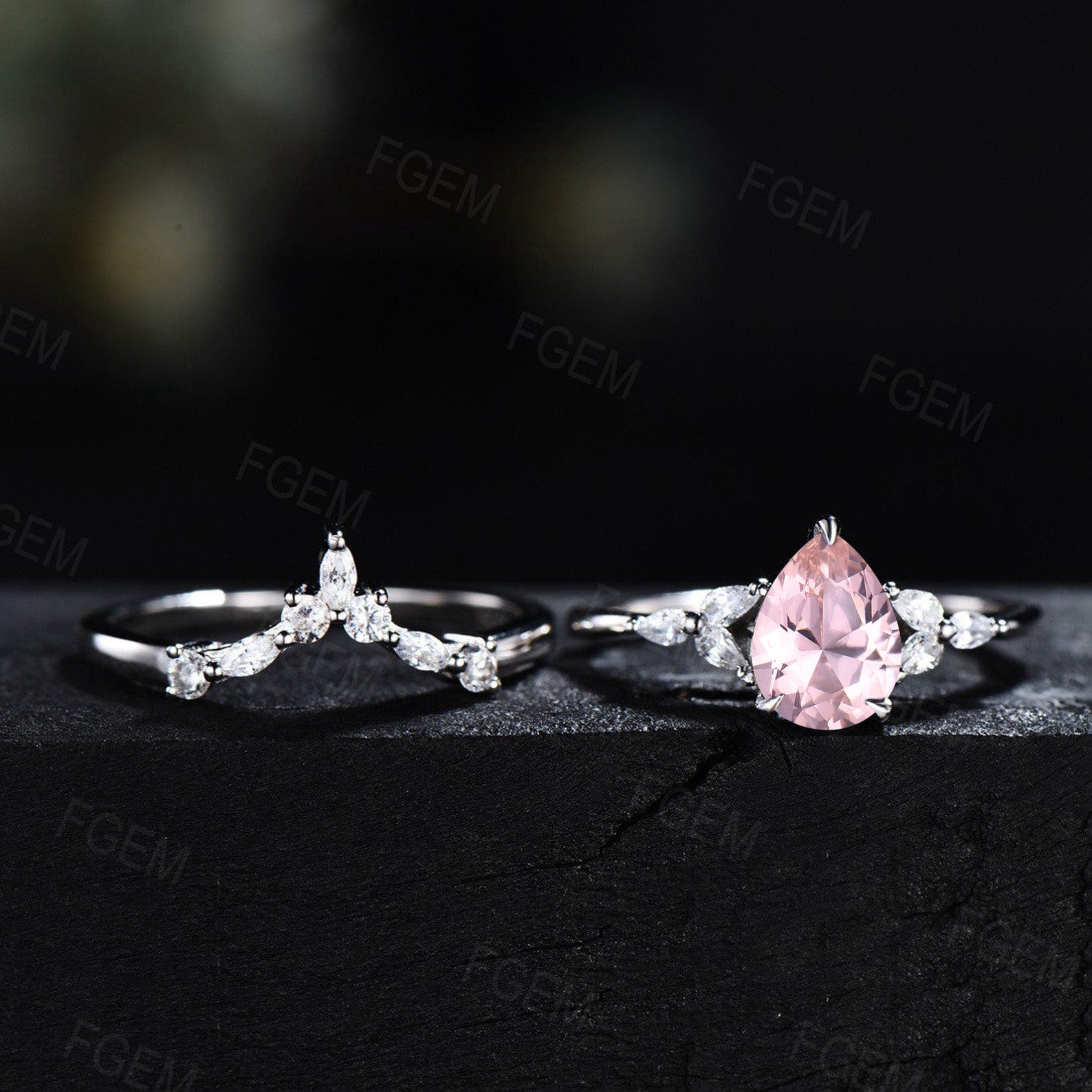 Pear Shaped Morganite Engagement Ring Set Rose Gold Art Deco Marquise CZ Diamond Ring Pink Morganite Ring For Women Unique Bridal Ring Set