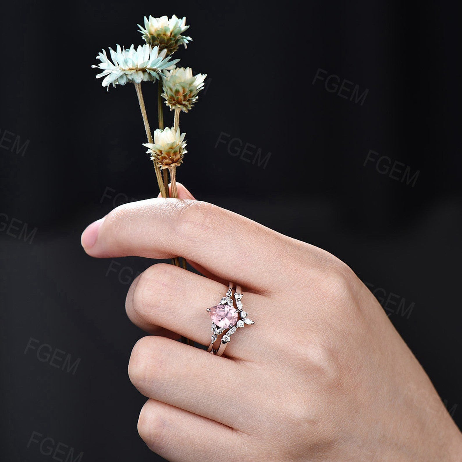 Pear Shaped Morganite Engagement Ring Set Rose Gold Art Deco Marquise CZ Diamond Ring Pink Morganite Ring For Women Unique Bridal Ring Set