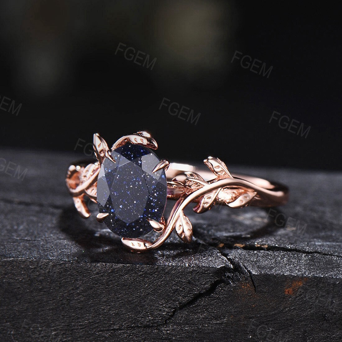 Sterling Silver Oval Cut Blue GoldStone Ring Leaf Engagement Ring Starry Blue Sandstone Ring Solitaire Promise Anniversary Gift For Her