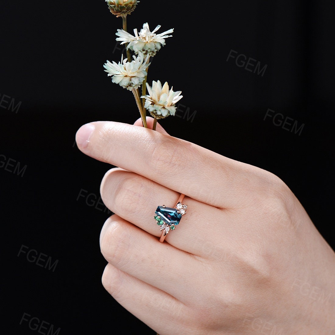 Coffin Shaped Alexandrite Engagement Ring Unique Color Change Ring Vintage Hexagon Cluster Ring Emerald Moissanite Wedding Ring For Women