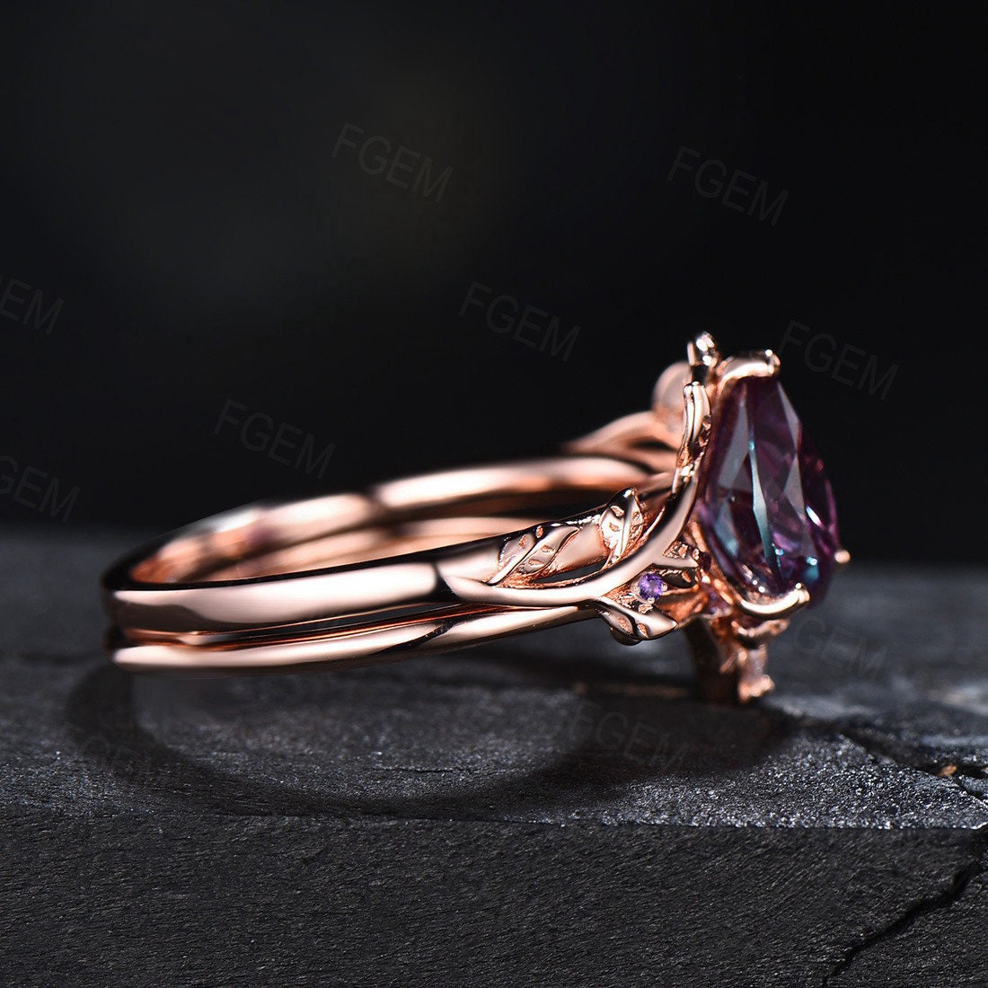 Pear Shaped Alexandrite Ring Set Nature Inspired Engagement Ring Leaf Vine Ring Set Unique Branch Solitaire Ring Wedding Anniversary Gifts