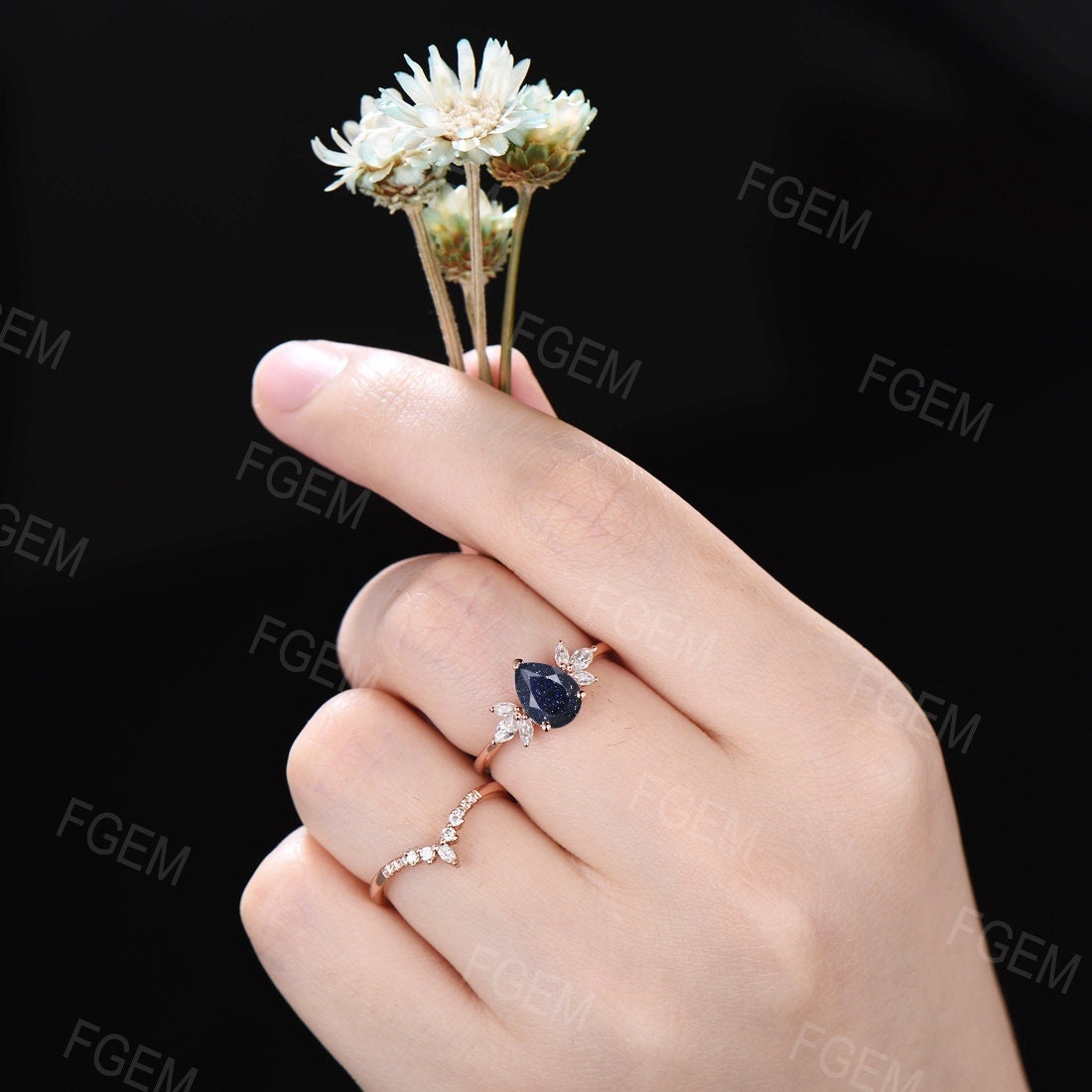 1.25CT Pear Shaped Galaxy Starry Sky Blue Sandstone Ring Set For Women Sterling Silver Blue Engagement Ring Cluster Ring Set Proposal Gift