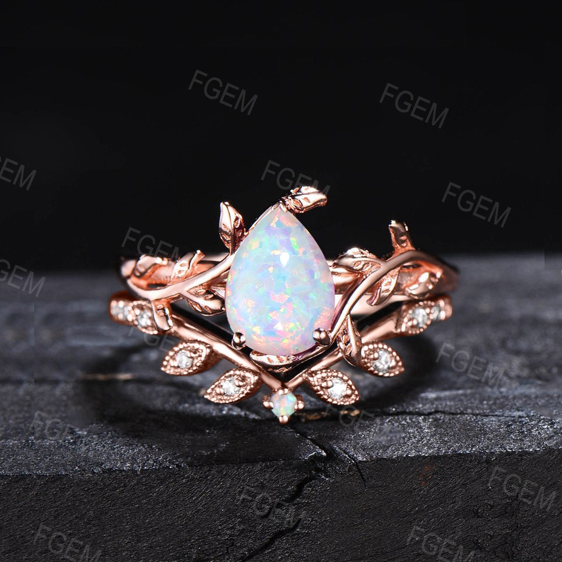 Nature Inspired Opal Engagement Rings Sets 10K/14K/18K Rose Gold 1.25ct Pear Shaped Leaf Solitaire Ring Moissanite Opal Leaves Wedding Ring