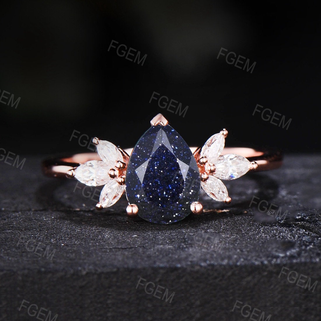 1.25CT Pear Shaped Galaxy Starry Sky Blue Sandstone Ring Set For Women Sterling Silver Blue Engagement Ring Cluster Ring Set Proposal Gift