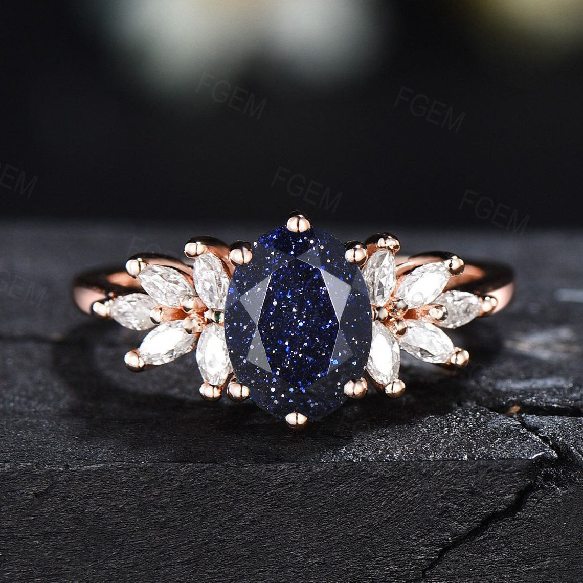 1.5ct Oval Cut Blue Sandstone Ring Oval Cluster Engagement Ring Galaxy Blue Goldstone Ring  Healing Gemstone Jewelry Unique Wedding Gift
