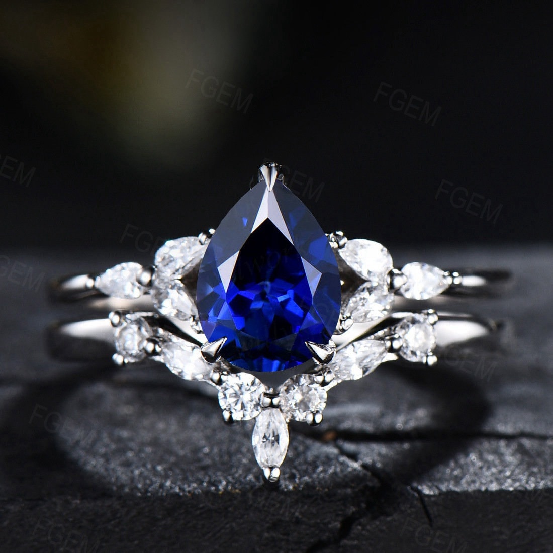 1.25ct Pear Shaped Blue Sapphire Ring Set Sterling Silver Blue Engagement Ring September Birthstone Bridal Set CZ Diamond Curve Wedding Band