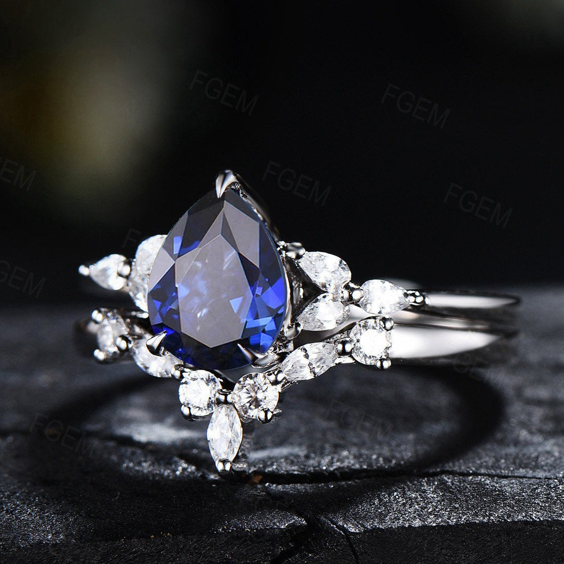 1.25ct Pear Shaped Blue Sapphire Ring Set Sterling Silver Blue Engagement Ring September Birthstone Bridal Set CZ Diamond Curve Wedding Band