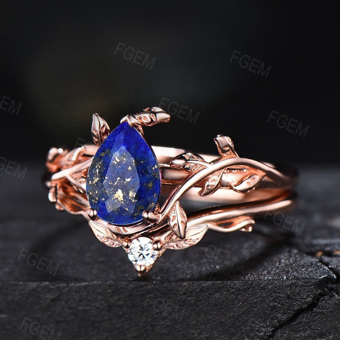 Natural Lapis Lazuli Engagement Ring Set Vintage Lapis Gold Ring Pear Shaped Promise Rings Blue Lapis Jewelry Antique Noble Gift for Women