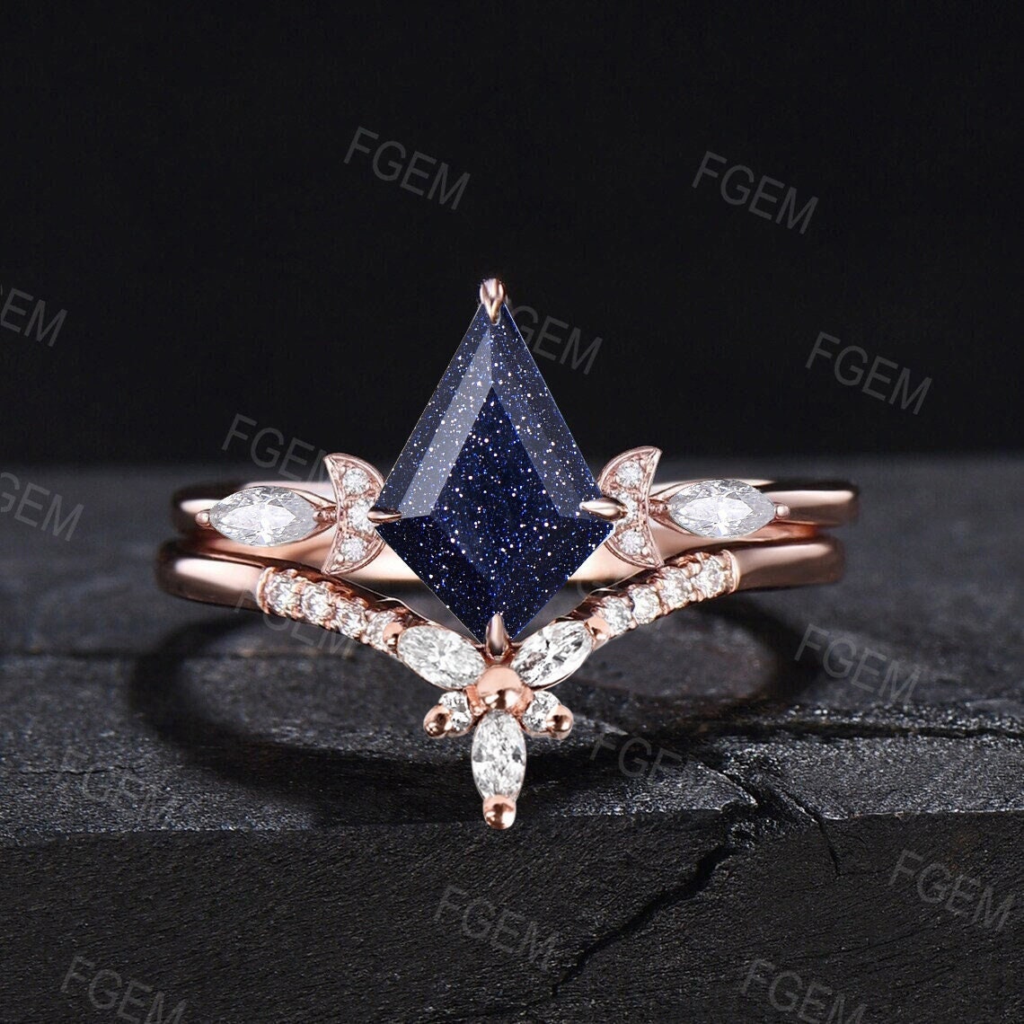 Moon Engagement Ring Set Vintage Starry Sky Blue Sandstone Ring Set Kite Bridal Set Moissanite Celestial Ring Promise Ring Blue Wedding Ring