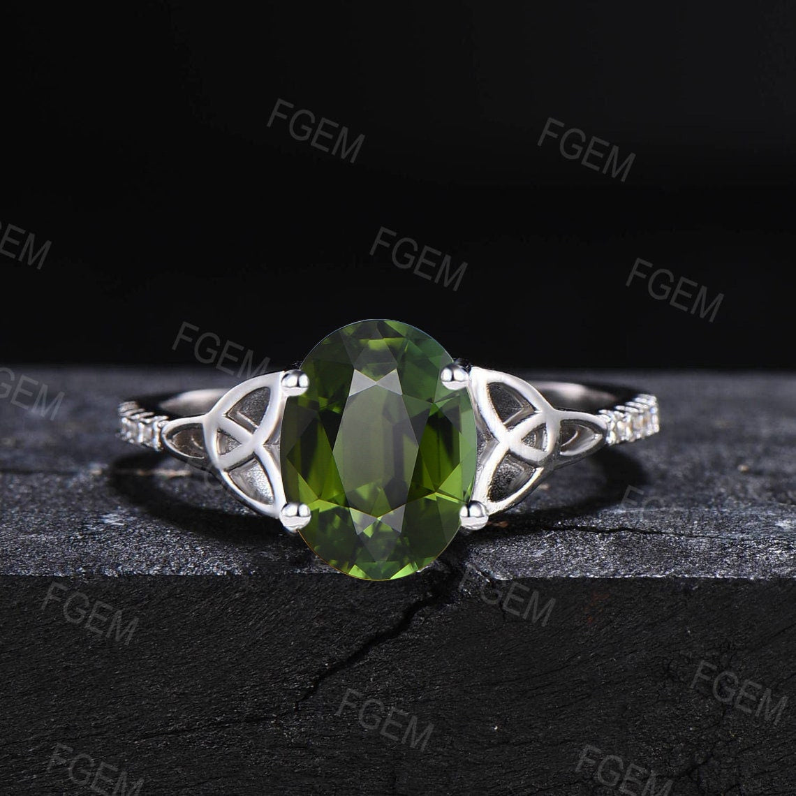 1.5ct Oval Cut Natural Green Tourmaline Engagement Ring Set Platinum Ring Vintage Celtic Knot Triquetra Moissanite Tourmaline Bridal Sets