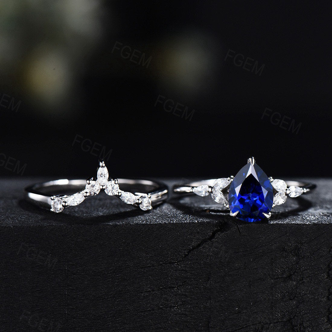 1.25ct Pear Shaped Blue Sapphire Ring Set Sterling Silver Blue Engagement Ring September Birthstone Bridal Set CZ Diamond Curve Wedding Band