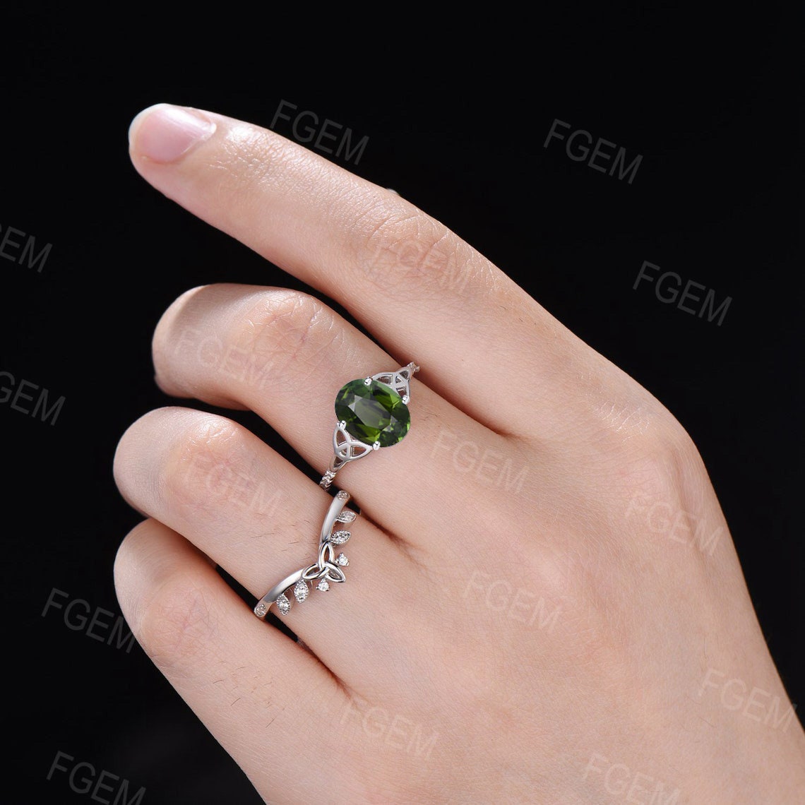 1.5ct Oval Cut Natural Green Tourmaline Engagement Ring Set Platinum Ring Vintage Celtic Knot Triquetra Moissanite Tourmaline Bridal Sets